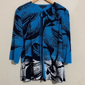 Ming Wang Blue and Black Floral Acrylic Cardigan Jacket size XL Career Travel